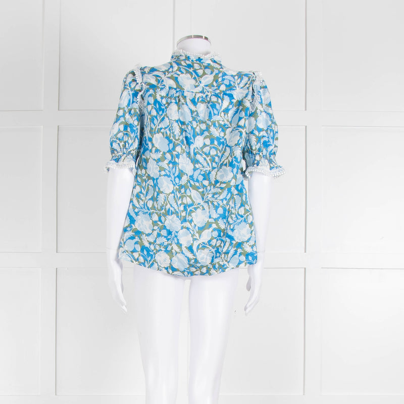 Me + Em Blue And Green Floral Silk Mix Top With Lace Trim