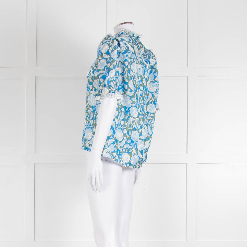 Me + Em Blue And Green Floral Silk Mix Top With Lace Trim