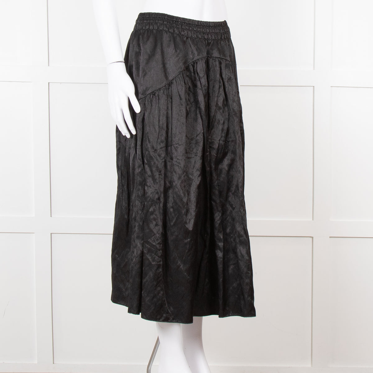 Vince Black Satin Smock Waist Midi Skirt
