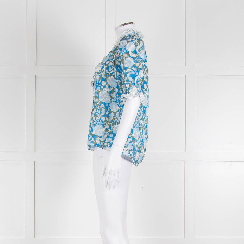 Me + Em Blue And Green Floral Silk Mix Top With Lace Trim