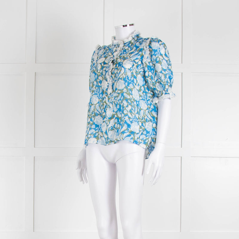 Me + Em Blue And Green Floral Silk Mix Top With Lace Trim