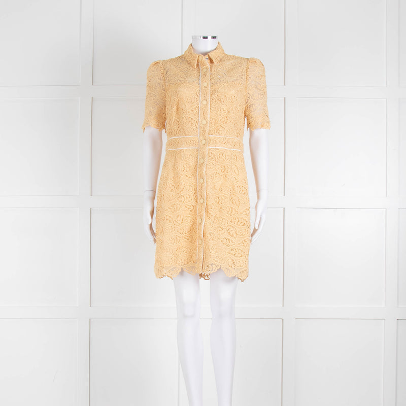 Sandro Yellow Lace Short Sleeve Shift Dress with Front Poppers