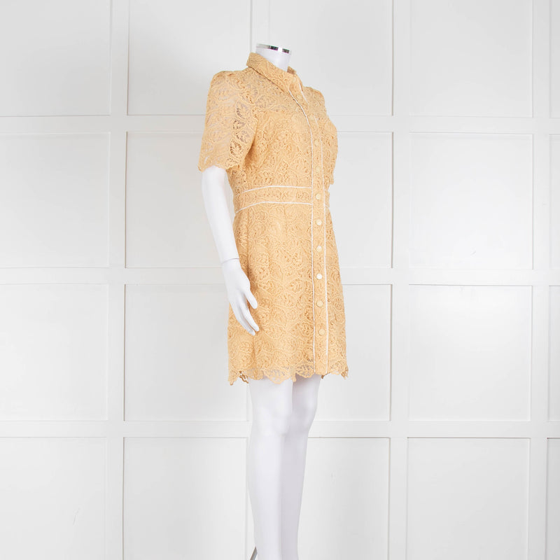 Sandro Yellow Lace Short Sleeve Shift Dress with Front Poppers