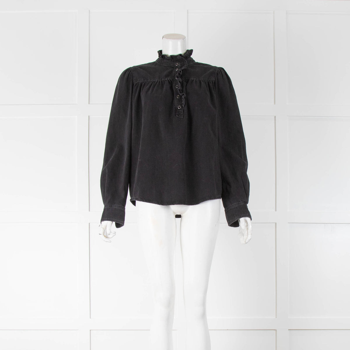 ba&sh Black Denim Shirt With Frill Collar