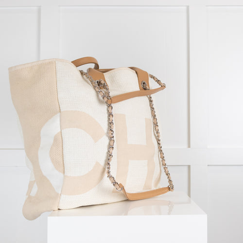 Chanel  Cream Canvas Tote Bag with Shoulder Chain