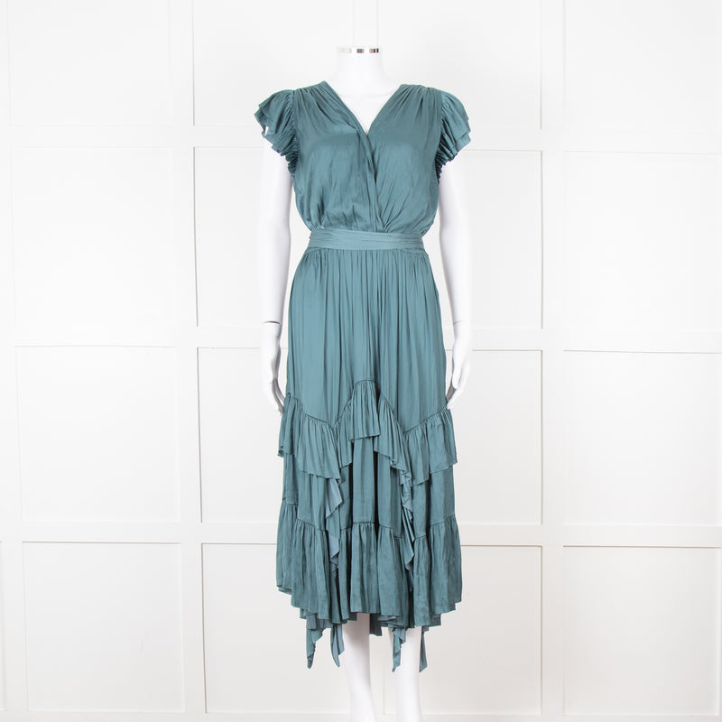 Ulla Johsnon Teal Silk Feel Sleeveless Dress With Loose Belt