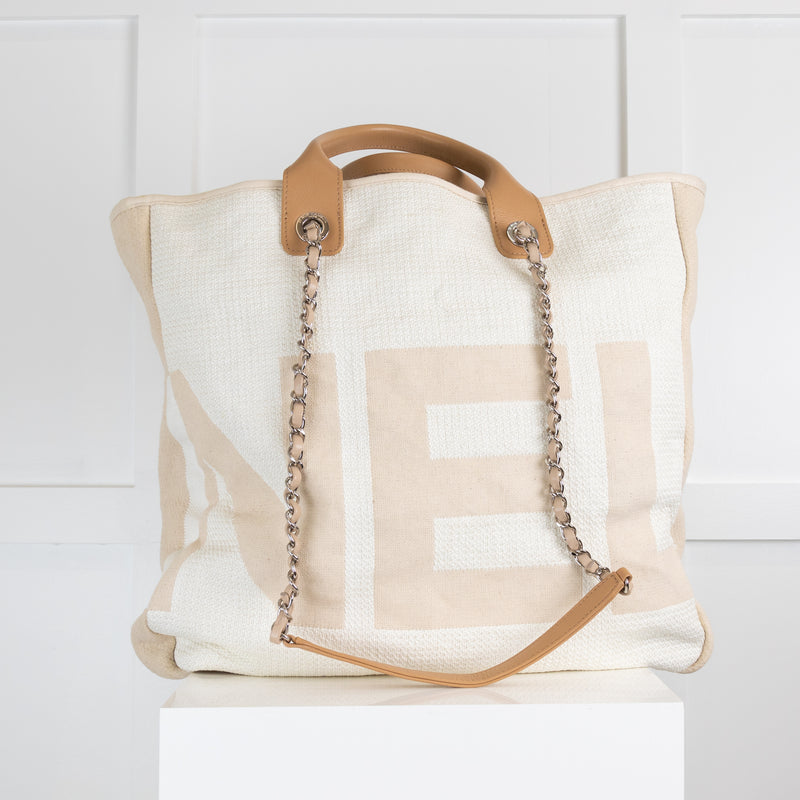 Chanel  Cream Canvas Tote Bag with Shoulder Chain