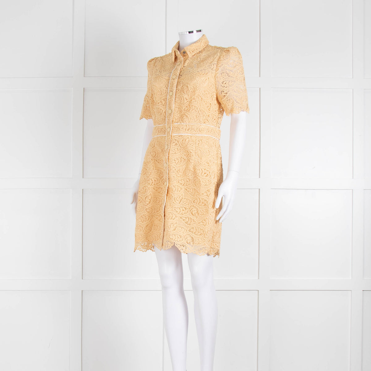 Sandro Yellow Lace Short Sleeve Shift Dress with Front Poppers