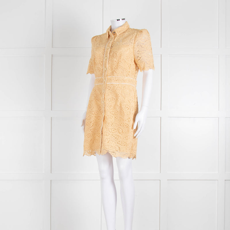Sandro Yellow Lace Short Sleeve Shift Dress with Front Poppers