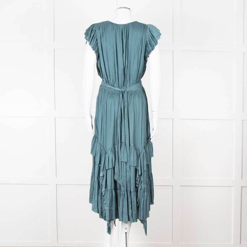Ulla Johsnon Teal Silk Feel Sleeveless Dress With Loose Belt
