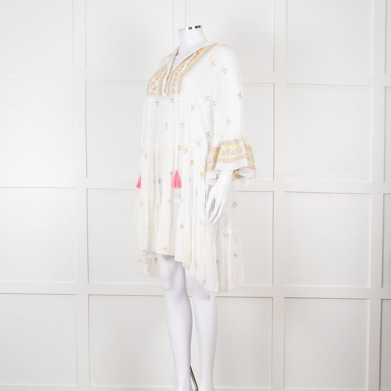 Miss June White Beach Dress with Pastel Embroidery