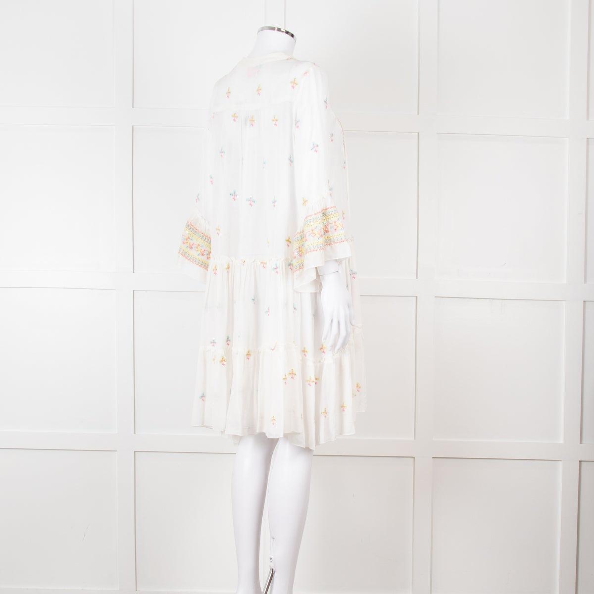 Miss June White Beach Dress with Pastel Embroidery