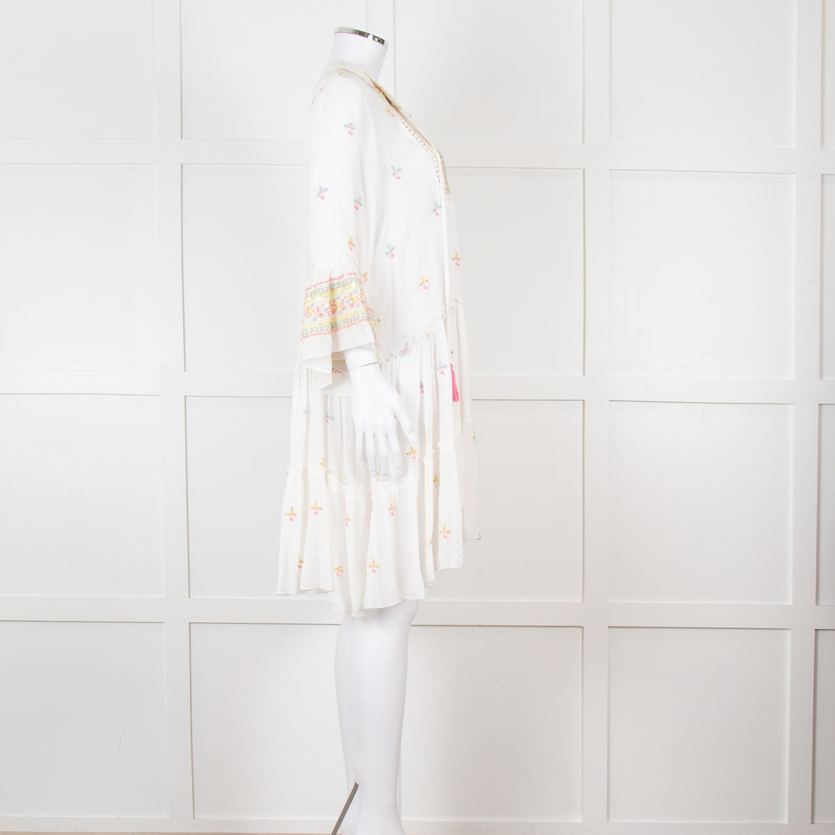 Miss June White Beach Dress with Pastel Embroidery