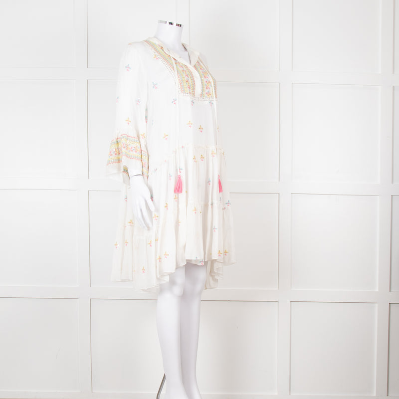 Miss June White Beach Dress with Pastel Embroidery