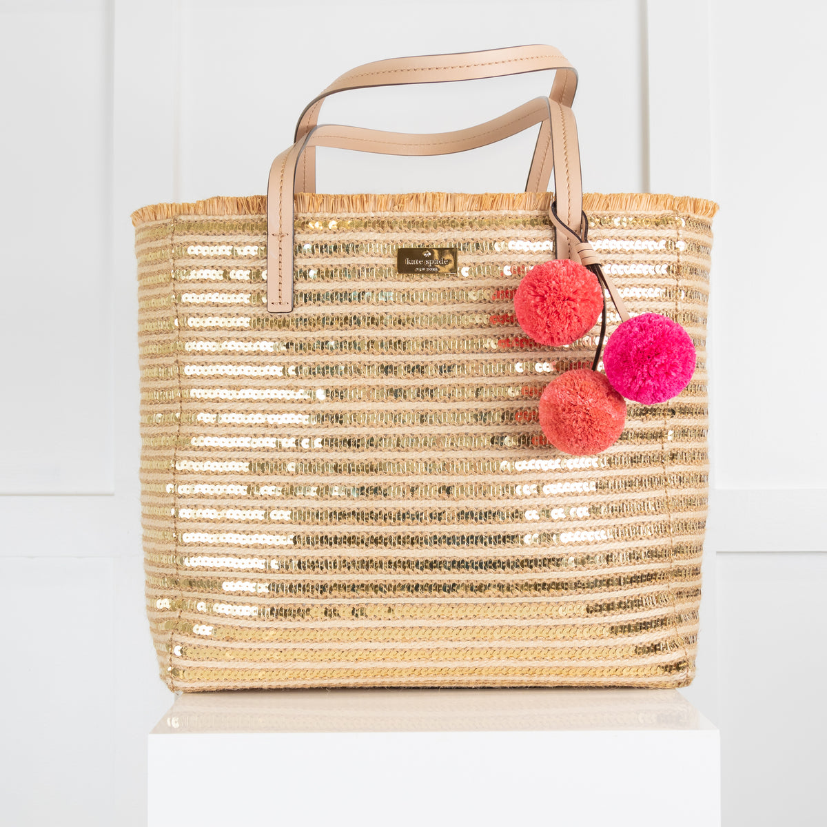Kate Spade Sequin Raffia Bag with Coloured Pom Pom
