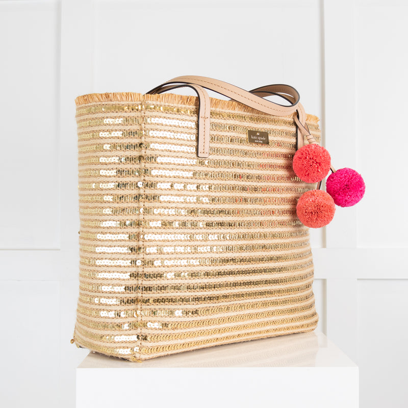 Kate Spade Sequin Raffia Bag with Coloured Pom Pom
