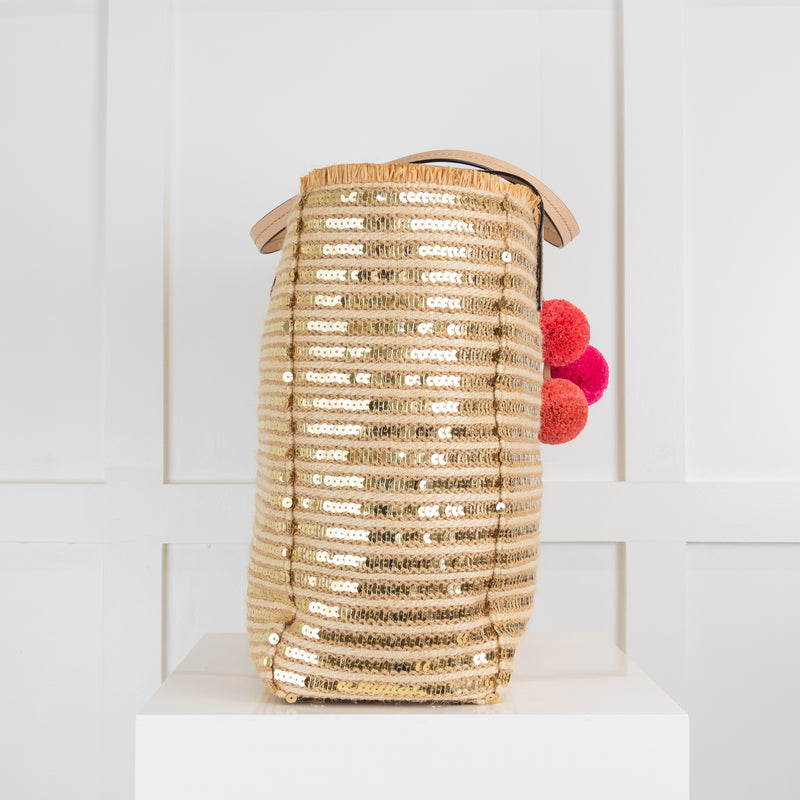 Kate Spade Sequin Raffia Bag with Coloured Pom Pom