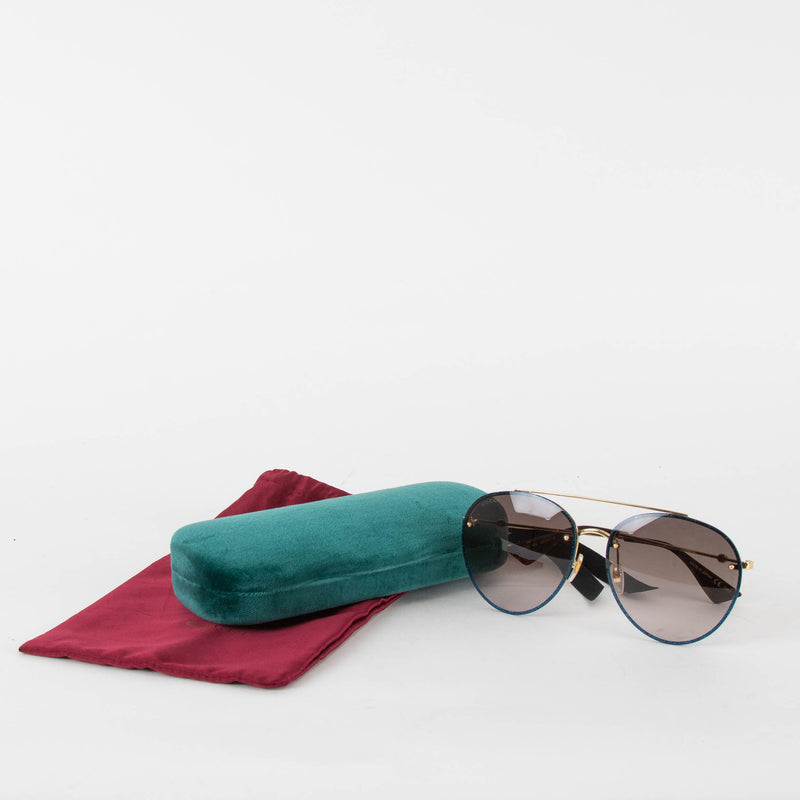 Gucci Gold Blue Glitter Trim Aviator Sunglasses