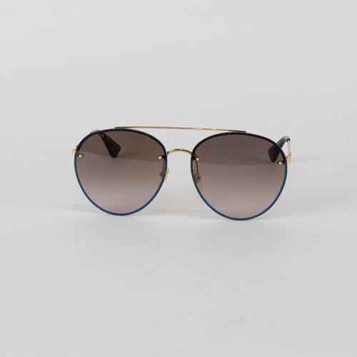 Gucci Gold Blue Glitter Trim Aviator Sunglasses