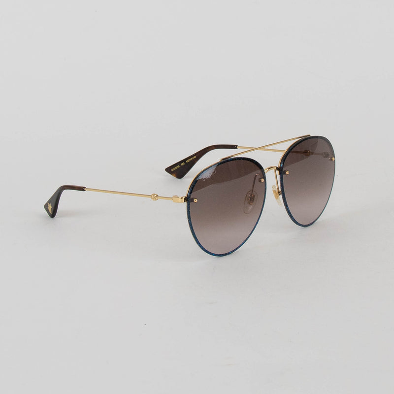 Gucci Gold Blue Glitter Trim Aviator Sunglasses