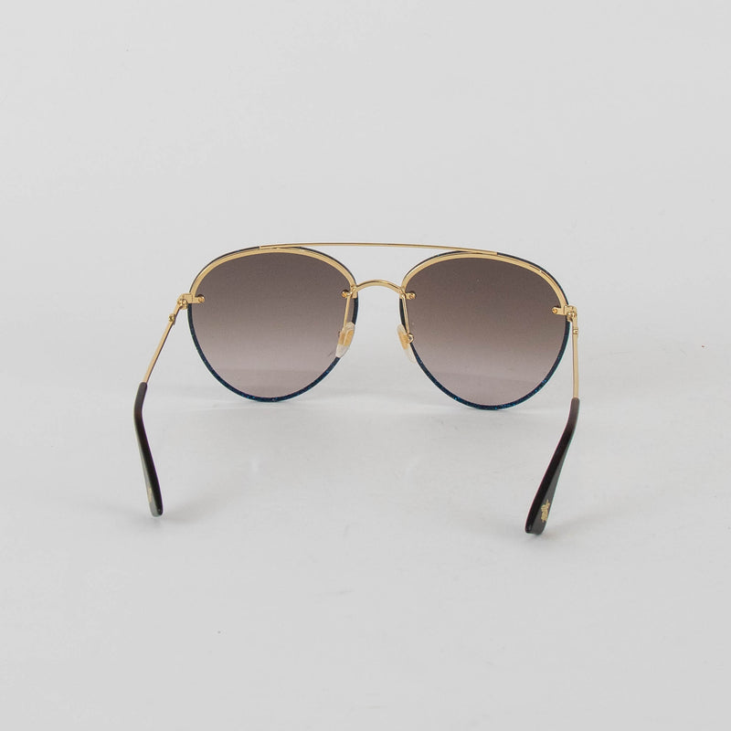 Gucci Gold Blue Glitter Trim Aviator Sunglasses