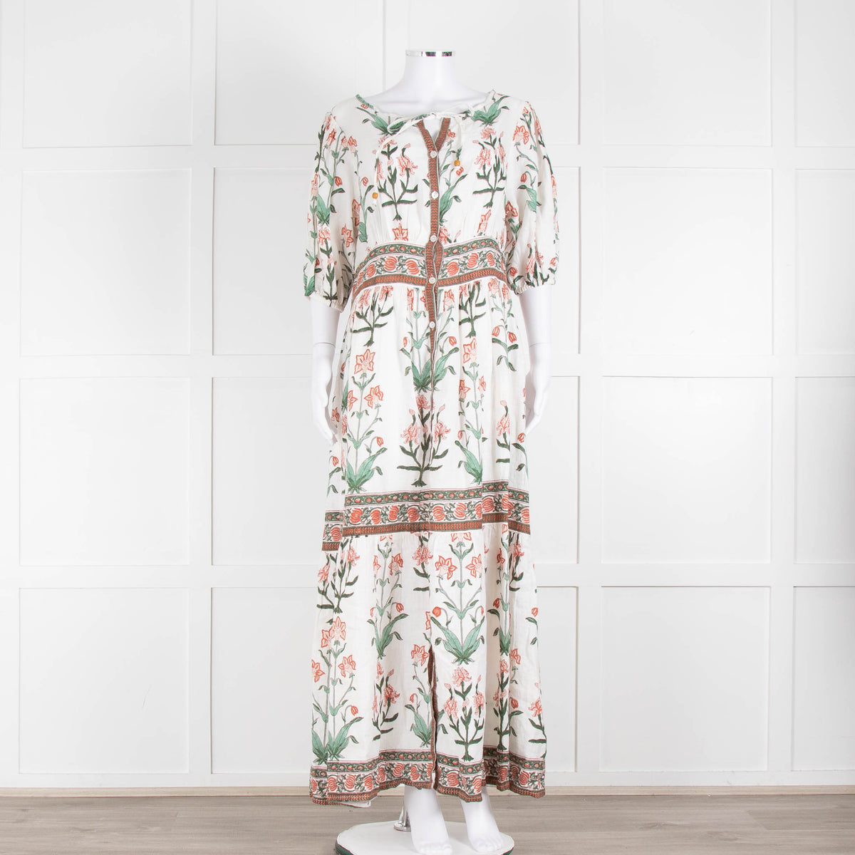 Hannah Artwear White Rust Floral Linen Short Sleeve Maxi Dress