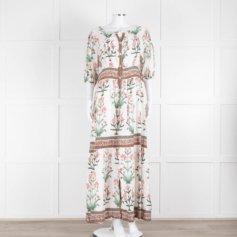 Hannah Artwear White Rust Floral Linen Short Sleeve Maxi Dress