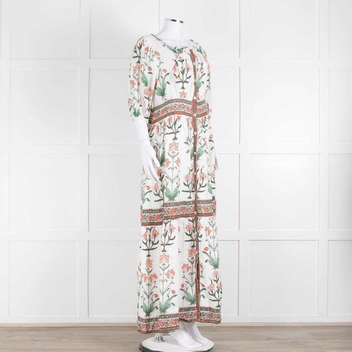 Hannah Artwear White Rust Floral Linen Short Sleeve Maxi Dress