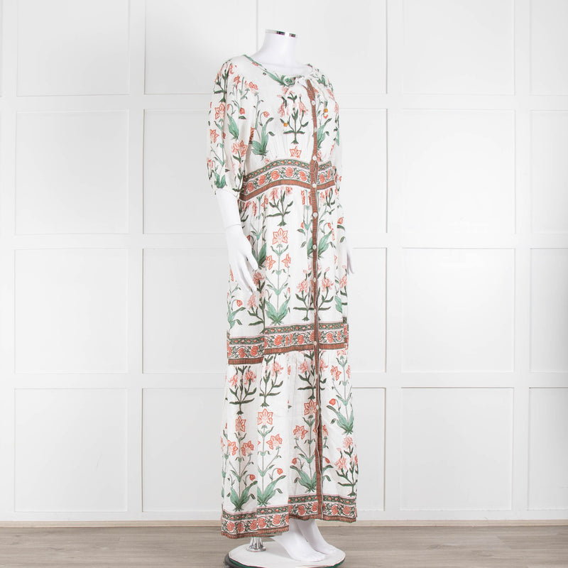 Hannah Artwear White Rust Floral Linen Short Sleeve Maxi Dress