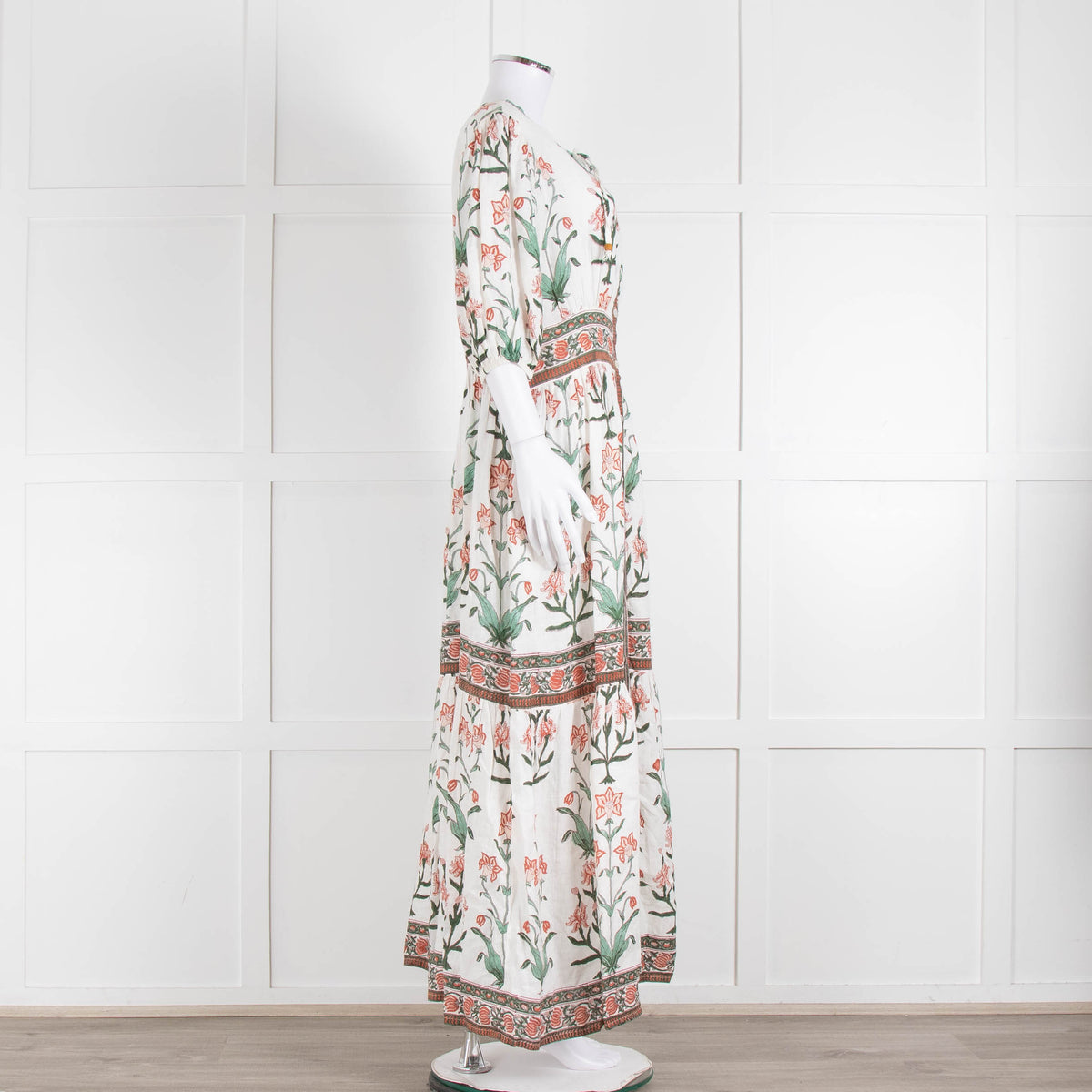 Hannah Artwear White Rust Floral Linen Short Sleeve Maxi Dress
