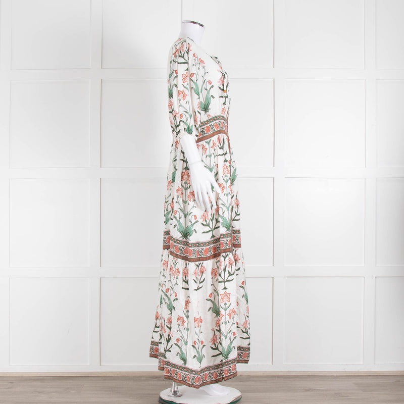 Hannah Artwear White Rust Floral Linen Short Sleeve Maxi Dress