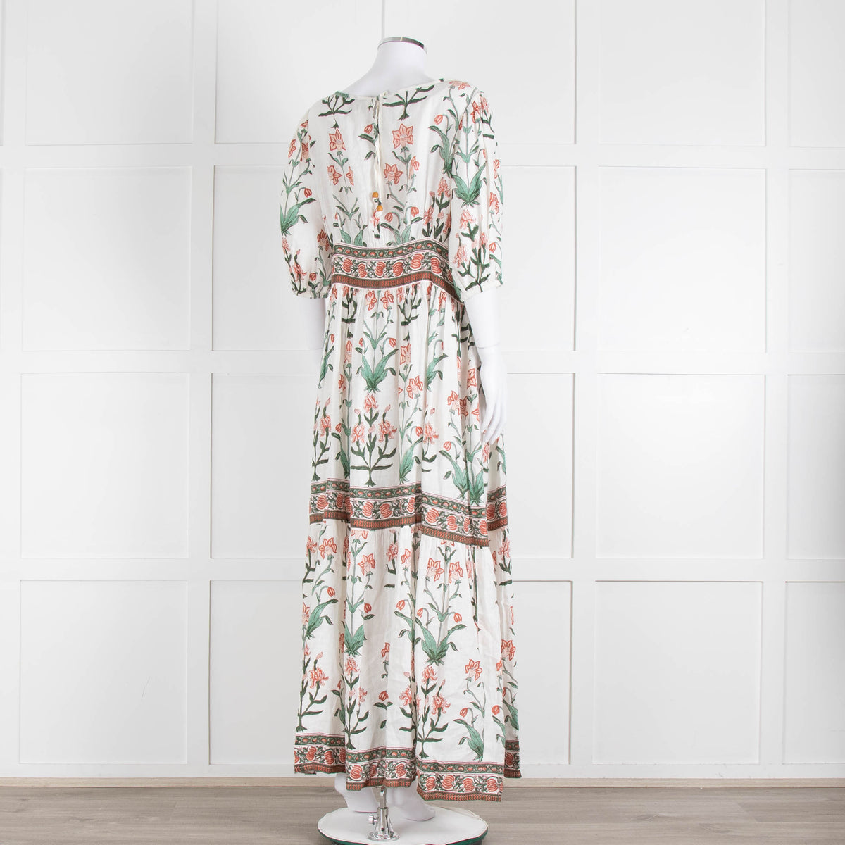 Hannah Artwear White Rust Floral Linen Short Sleeve Maxi Dress