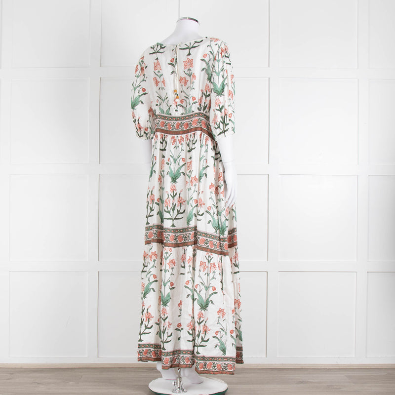 Hannah Artwear White Rust Floral Linen Short Sleeve Maxi Dress