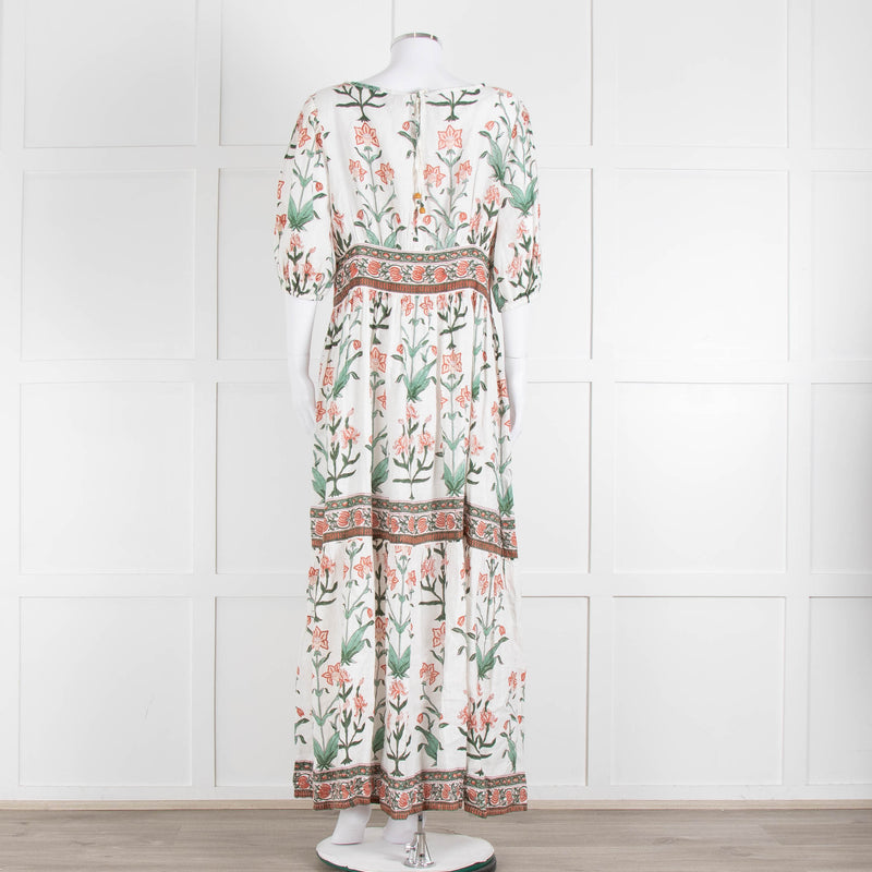 Hannah Artwear White Rust Floral Linen Short Sleeve Maxi Dress