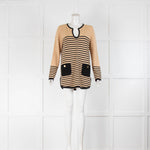 Tory Burch Caramel Tan Black Stripe Front Pocket Gold Button Jumper