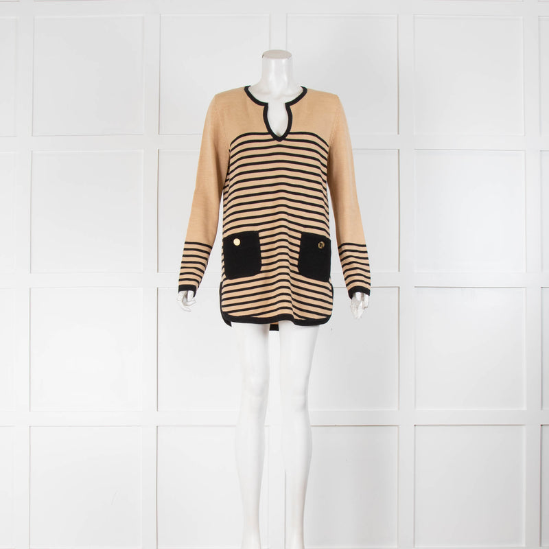 Tory Burch Caramel Tan Black Stripe Front Pocket Gold Button Jumper