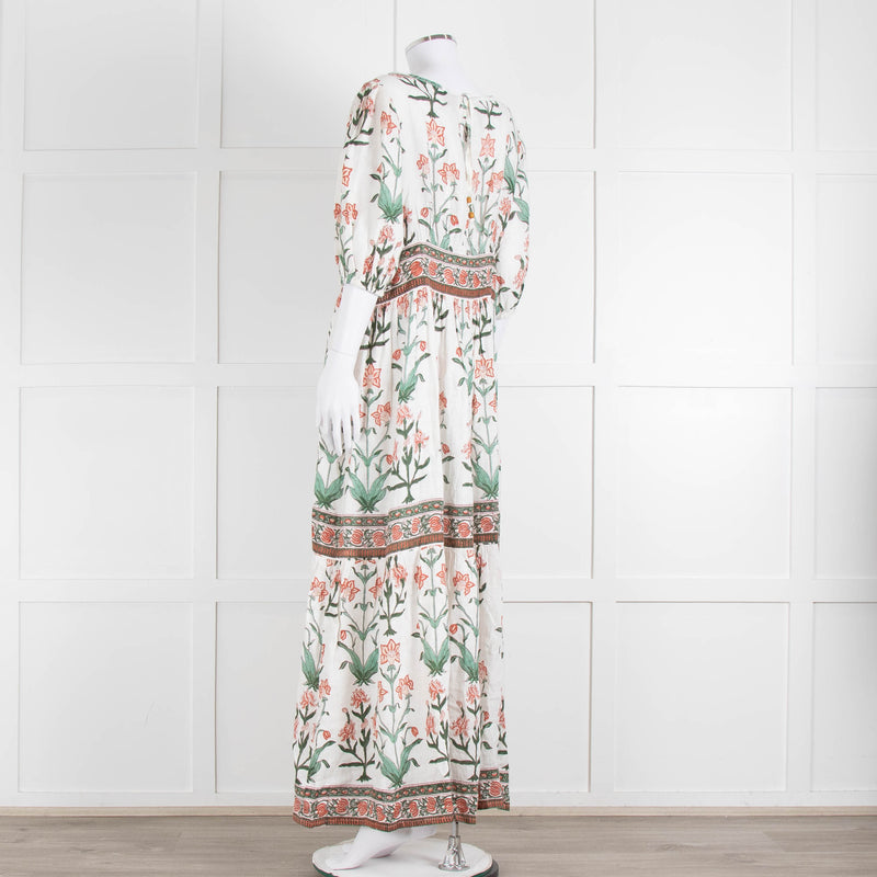 Hannah Artwear White Rust Floral Linen Short Sleeve Maxi Dress