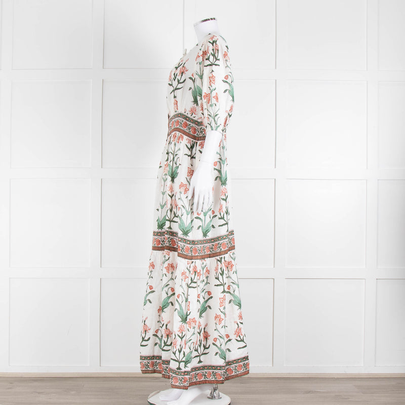 Hannah Artwear White Rust Floral Linen Short Sleeve Maxi Dress