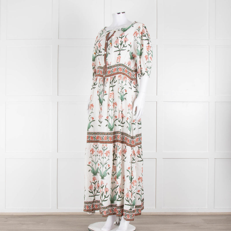 Hannah Artwear White Rust Floral Linen Short Sleeve Maxi Dress
