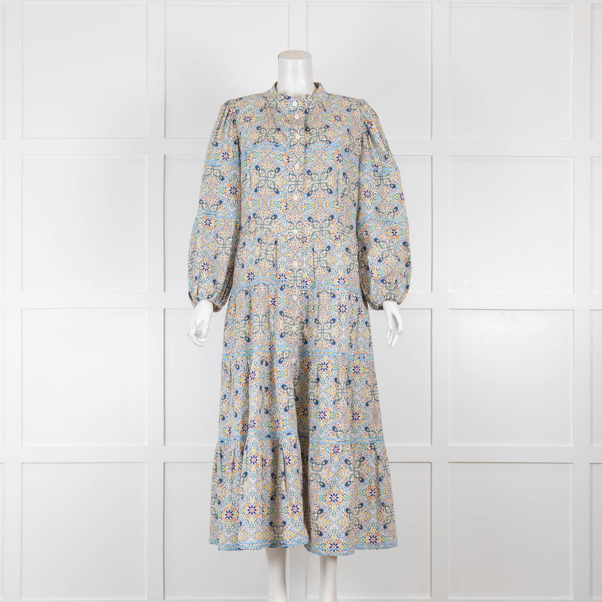 Catherine Prevost Cream Blue Floral Cotton Midi Dress