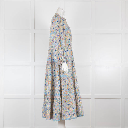 Catherine Prevost Cream Blue Floral Cotton Midi Dress