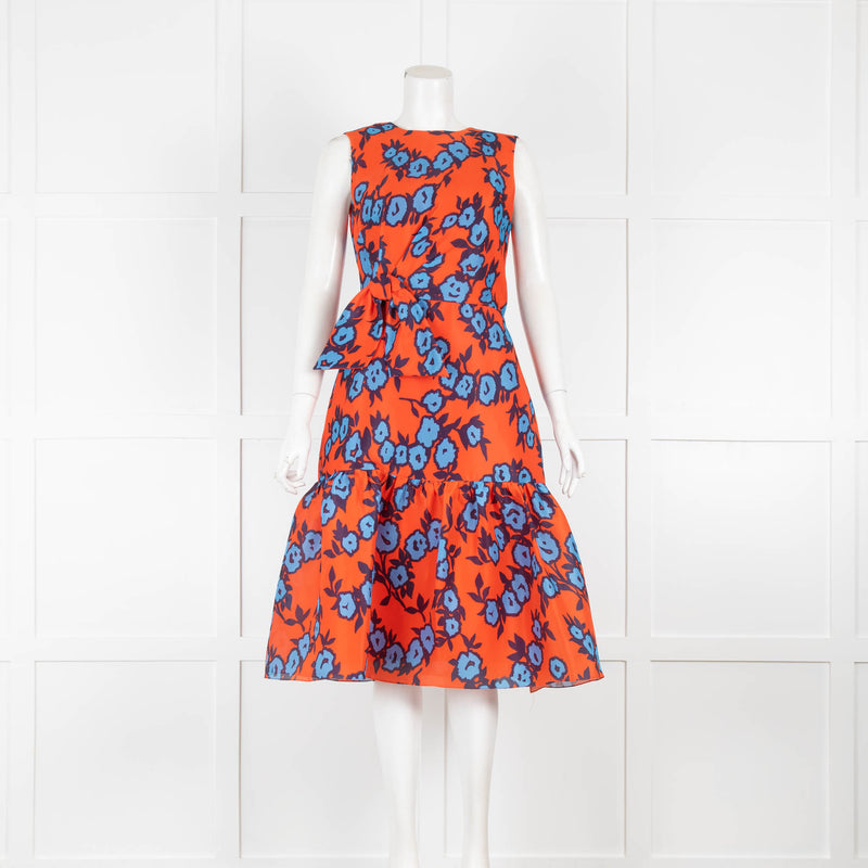 Carolina Herrera Orange Blue Floral Front Bow Silk Taffeta Dress