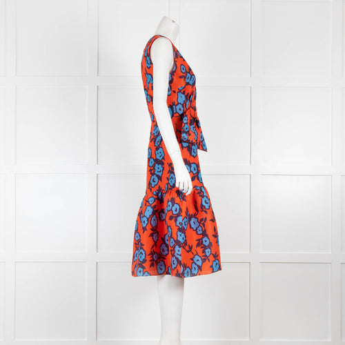 Carolina Herrera Orange Blue Floral Front Bow Silk Taffeta Dress
