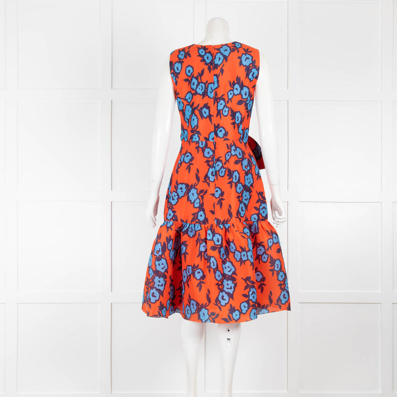 Carolina Herrera Orange Blue Floral Front Bow Silk Taffeta Dress