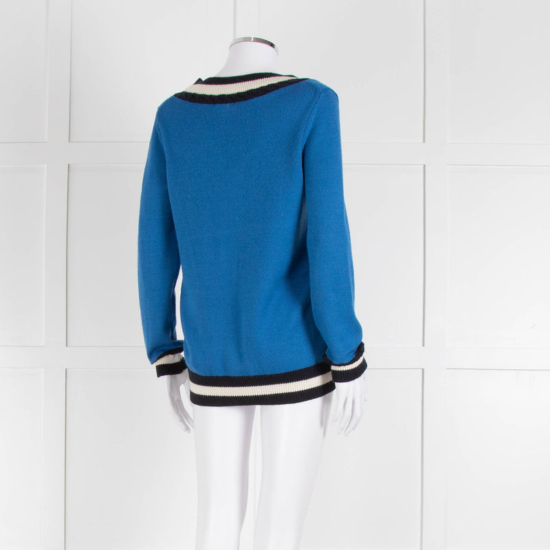 Claudie Pierlot Blue V Neck Jumper With Stripe Detail