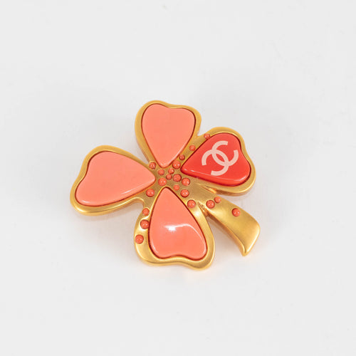 Chanel Gold Coral Leaf Clover Brooch