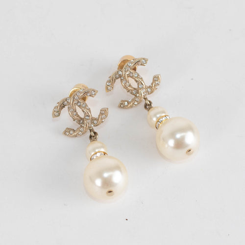 Chanel Gold Faux Pearl CC Drop Earrings