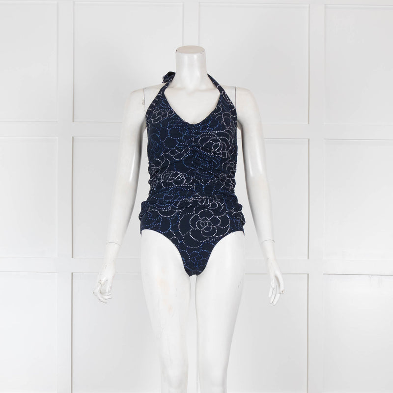 Chanel Navy Blue Camelia Print One Piece Swimwear