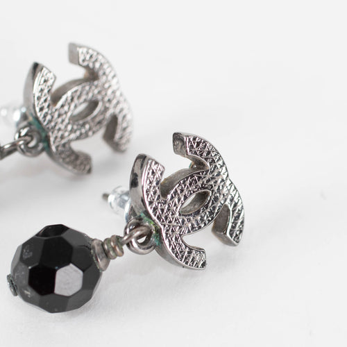 Chanel Gun Metal CC Black Crystal Earrings