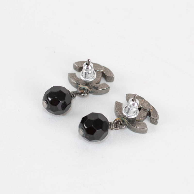 Chanel Gun Metal CC Black Crystal Earrings